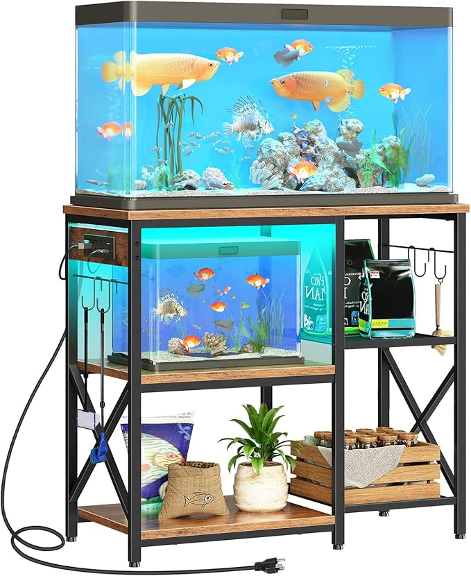 HOOBRO 20-29-37 Gallon Fish Tank Stand with Power Outlets and LED Light, Aquarium Stand with Storage Shelves, 35.4" L x 15.7" W, Reptile Tank Stand with Stable Metal Frame, Rustic Brown BF80UDFT01 HOOBRO