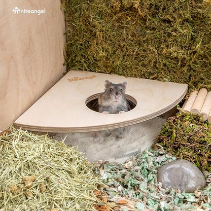 Niteangel Animal Sand-Bath Box: - Acrylic Critter's Sand Bath Shower Room & Digging Sand Container for Hamsters Mice Lemming Gerbils or Other Small Pets (Triangle, Birch-Wood) Niteangel