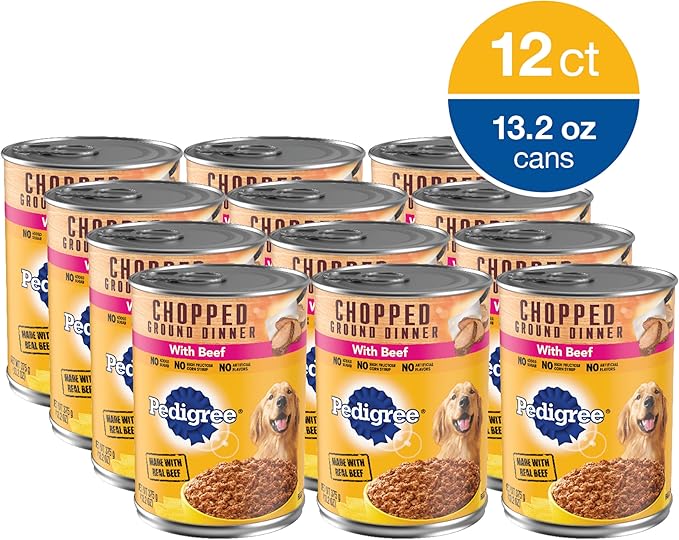 PEDIGREE CHOPPED GROUND DINNER Adult Canned Soft Wet Dog Food with Beef, 13.2 oz. Cans (Pack of 12) - PAWPICO