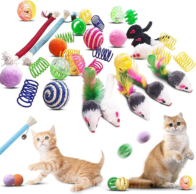 Cat Toys for Indoor Cats, 34 Packs Interactive Cat Toys for Kitten, Cat Toys Set with Colorful Cat Spring Toys, Cat Mouse Toy, Catnip Ropes, Colorful Balls and Bells, Sisal Ball - PAWPICO