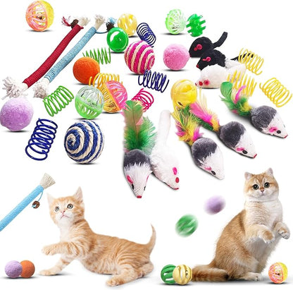 Cat Toys for Indoor Cats, 34 Packs Interactive Cat Toys for Kitten, Cat Toys Set with Colorful Cat Spring Toys, Cat Mouse Toy, Catnip Ropes, Colorful Balls and Bells, Sisal Ball - PAWPICO