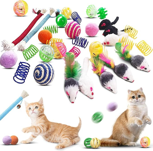 Cat Toys for Indoor Cats, 34 Packs Interactive Cat Toys for Kitten, Cat Toys Set with Colorful Cat Spring Toys, Cat Mouse Toy, Catnip Ropes, Colorful Balls and Bells, Sisal Ball - PAWPICO