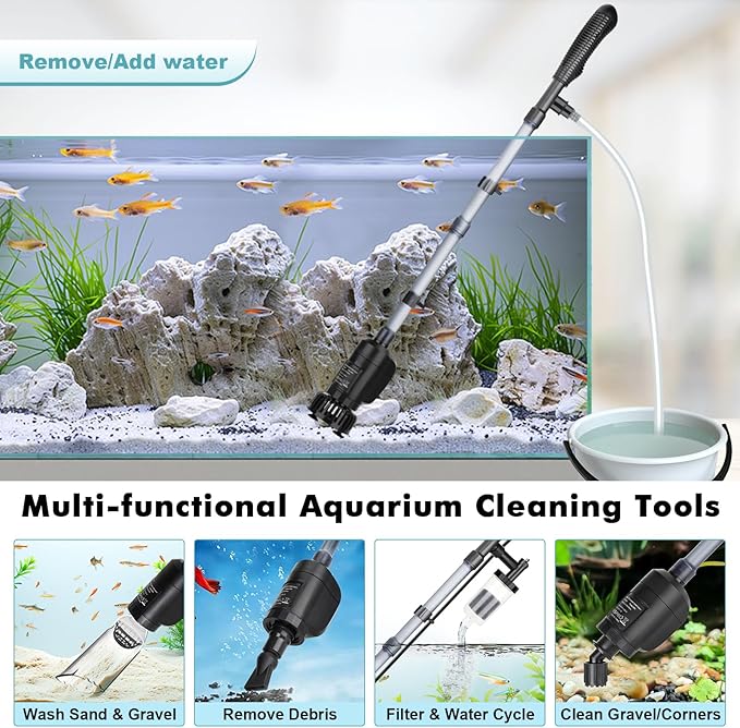 AQQA Aquarium Vacuum Gravel Cleaner Electric Fish & Turtle Tank Water Changer 6 in 1 Multi-Functional Aquarium Cleaning Tools Set for Water Cleaning & Circulation (20W, 320GPH) AQQA