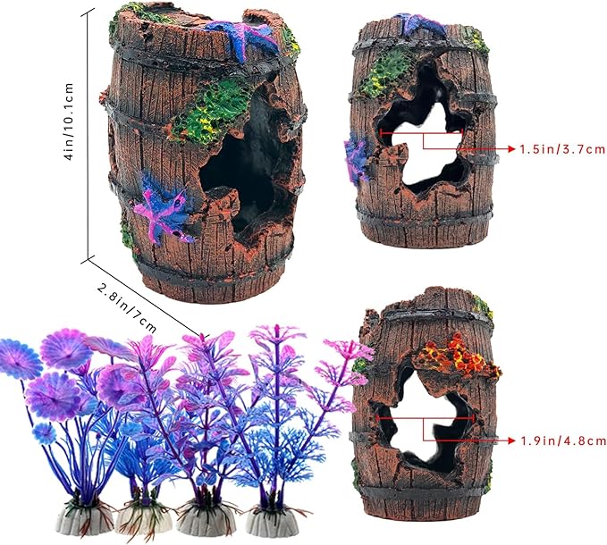 Faeshoo Fish Tank Decoration Betta Fish Tank Decorations Accessories for Aquarium Tank, Starfish Barrel x 1pc, Aquatic Plants x 4pcs Bazayona