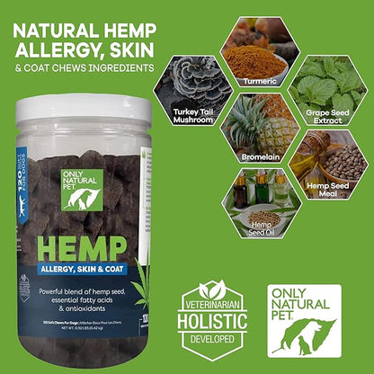 Only Natural Pet Allergy, Skin & Coat Hemp Soft Chews - Allergy Immune Bites for Dogs, Omega 3 Supplement, Hemp Oil - Calming Treats for Itchy Skin Relief, Hot Spot - (120 Count) OnlyNaturalPet