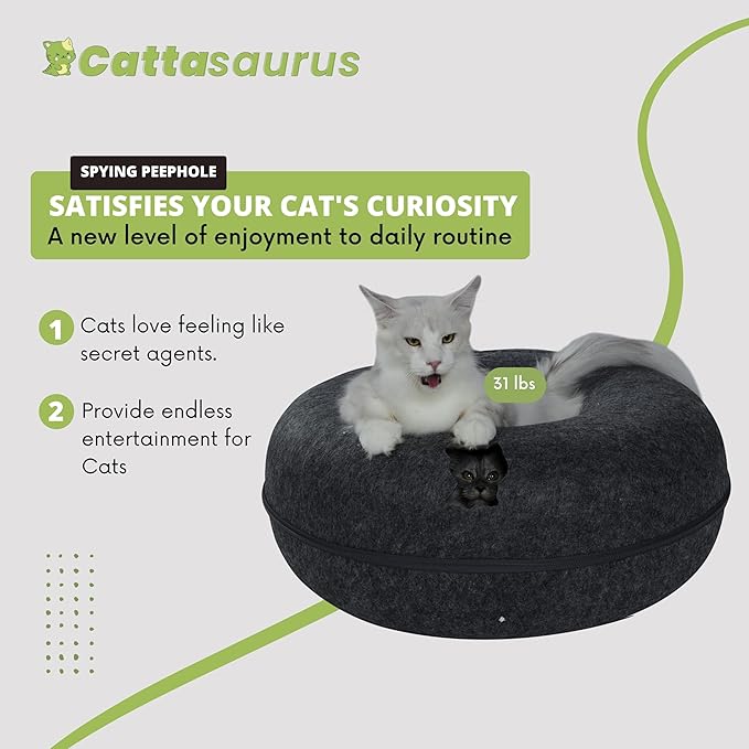 CATTASAURUS Peekaboo Cat Cave for Multiple & Large Cats Up to 30-45 Lbs, Scratch Detachable & Washable Tunnel Bed, Comfy Donut Cat Cave (Dark Gray, Jumbo) - PAWPICO