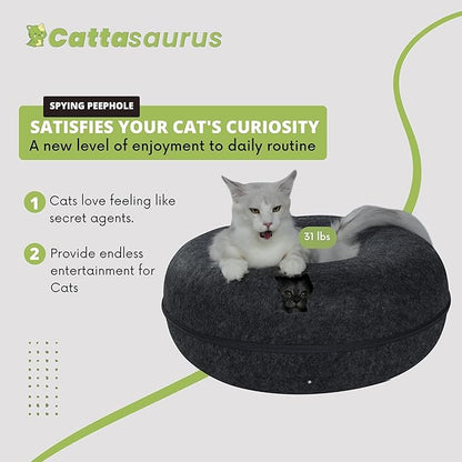CATTASAURUS Peekaboo Cat Cave for Multiple & Large Cats Up to 30-45 Lbs, Scratch Detachable & Washable Tunnel Bed, Comfy Donut Cat Cave (Dark Gray, Jumbo) - PAWPICO