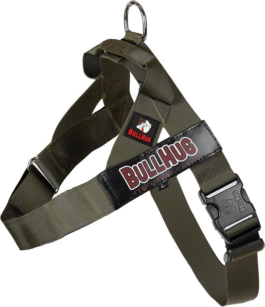 BULLHUG Harness – Made for Larger Chested Dogs Like English Bulldogs, French Bulldogs, Pugs & More. Stops Dogs from Pulling & Choking on Walks (Olive Green, Small) BULLHUG