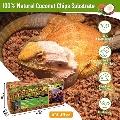Riare 2 Pack Natural Coconut Chip Substrate for Reptiles- Compressed Coconut Husk Reptiles Bedding, Coco Husk Chip Terrarium Substrate for Snakes, Tortoises, Ball Python, Frogs, Bearded Dragon, Lizard Riare