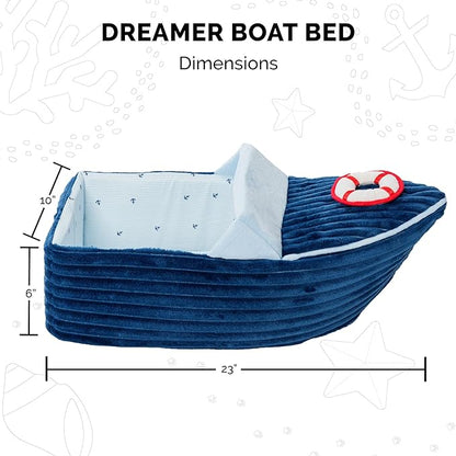 Furhaven Soft & Cozy Cat Bed w/ Catnip Toy for Indoor Cats, Washable w/ Removable Pillow Cushion Insert - Corduroy Boat Bed - Blue, Small - PAWPICO