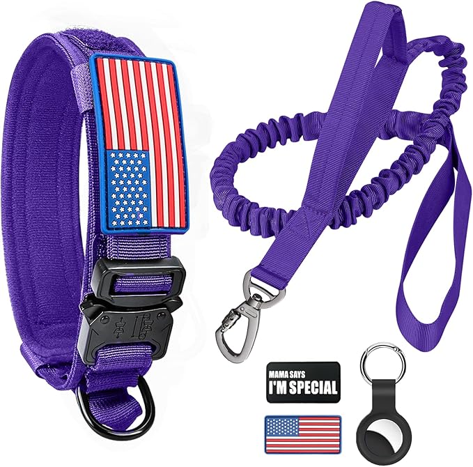 Tactical Dog Collar and Bungee Leash,Military Dog Collar & Leash Set with USA American Flag Adjustable K9 Collar with Heavy Duty Metal Buckle & Handle,with Patches and Airtags Case (Purple, L) Celifelight