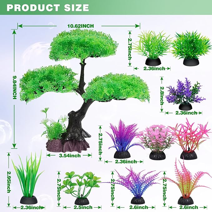 Ameliade Aquarium Artificial Plastic Plants Decoration, Aquarium Tree Decor Set, Goldfish Betta Fish Tank Decorations Hides Accessories (Green) Ameliade