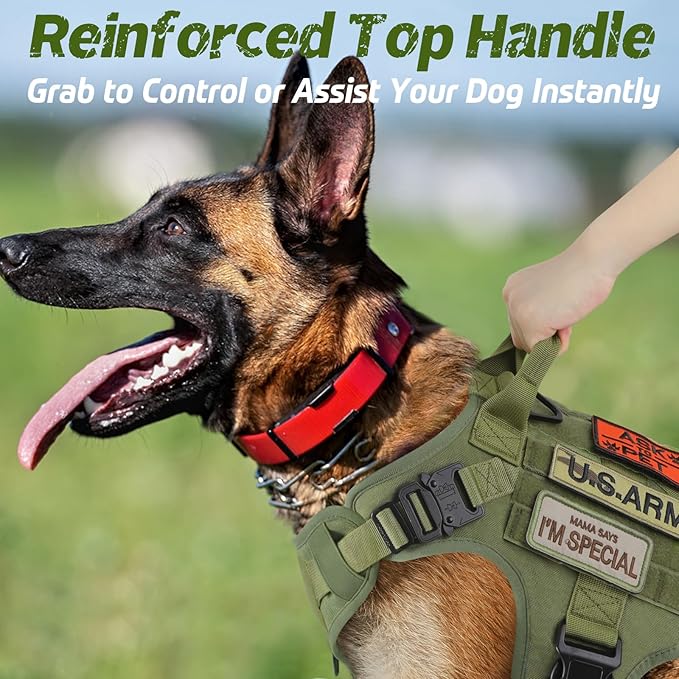 rabbitgoo Tactical Dog Harness for Large, Heavy Duty Pet Harness with Handle, No-Pull Service Vest Large Breed, Adjustable Military Dog Vest for Training Hunting Walking, Green, L rabbitgoo