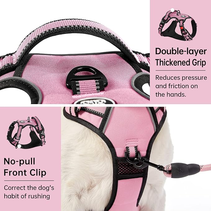 IVY&LANE No Pull Dog Harness for Large Dogs, Dog Vest Harness with Leash, Safety Belt and Storage Strap, Fully Adjustable Harness, 360° Reflective Strip, Soft Handle (Pink, L) IVYLANE
