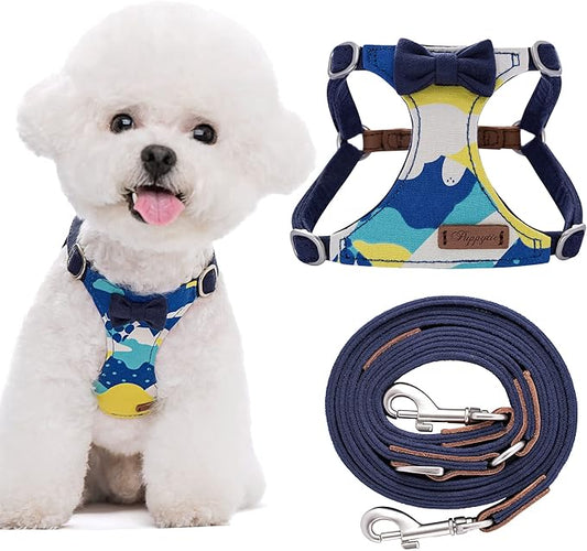 Puppytie No Pull Small Dog Harness with Multifunction Dog Leash,Lightweight Soft Adjustable No Choke Escape Proof Pet Harness Vest Pet Harness Vest,Suede Bow Navy,S Puppytie