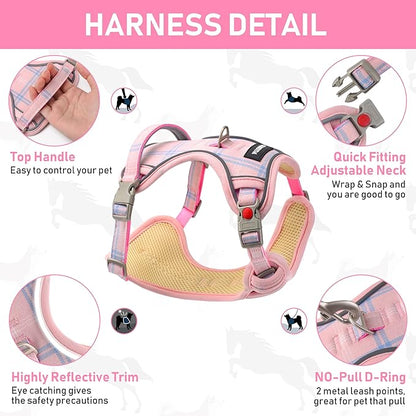 GAMUDA Dog Harness Collar and Leash Set, Dog Harness, No Chock No Pull Adjustable Vest Harnesses Plaid Reflective for Medium Dog, Cat, Small Horse, Small Bull and Pig (Pink, S) GAMUDACollarsCollection
