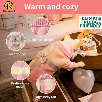 Dog Sweater for Small Size Dog - Puppy Gift Medium Warm Clothes in Winter, Turtleneck Pullover Design for Boy Girl Pet, Doggies, Cat, Kitten Weiner Pug Bulldog Beagles (S, Pink, Beige) - PAWPICO