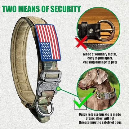 Tactical Dog Collar and Bungee Leash, Camo Military Dog Collar & Leash Set with USA American Flag Adjustable K9 Collar with Heavy Duty Metal Buckle & Handle,with Patches and Airtags Case (M, Camo) Celifelight