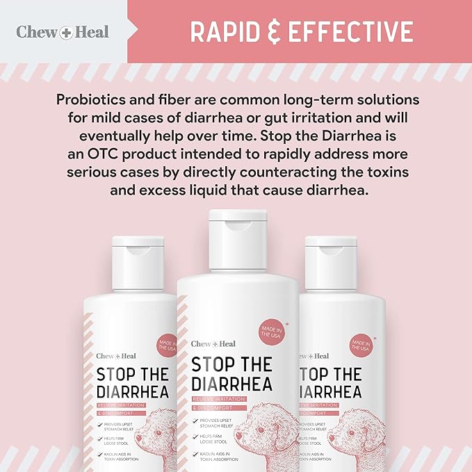 Chew + Heal Labs Anti Diarrhea for Dogs - 2 oz. of Stop The Diarrhea Liquid Supplement with Kaolin - for Diarrhea and Upset Stomach Relief - Made in The USA ChewHeal