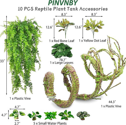 PINVNBY 10 PCS Reptile Plants Vine, Terrarium Hanging Flexible Climbing Artificial Leaves Reptile Hide, Bearded Dragon Tank Accessories, Terrarium Decor for Leopard Gecko Lizard Snake Geckos PINVNBY