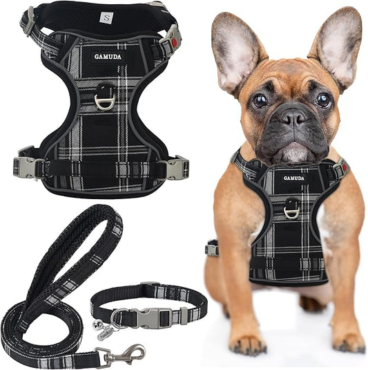 GAMUDA Dog Harness Collar and Leash Set, Horse Care Sheets, No Chock No Pull Adjustable Vest Harnesses Plaid Reflective for Medium Dog, Cat, Small Horse, Small Bull and Pig (Black, XS) GAMUDACollarsCollection
