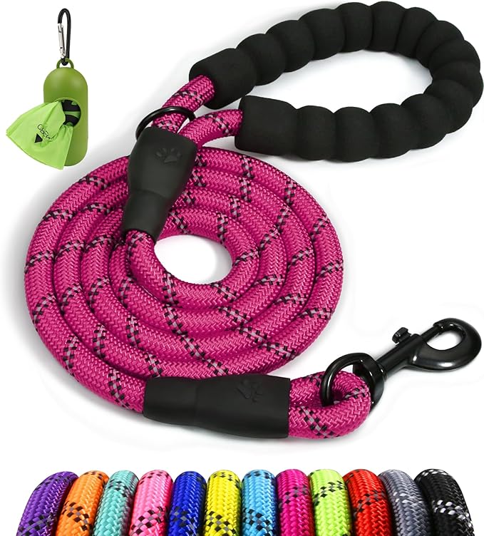 Taglory Rope Dog Leash 6 FT with Comfortable Padded Handle, Highly Reflective Threads Leash for Small Dogs, 3/8 inch, Hotpink Taglory