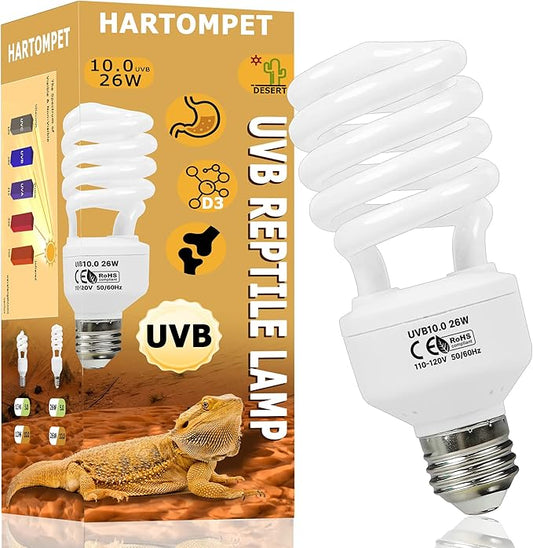 10.0 UVB Reptile Light 26W, Compact Desert Lamp, Coil UVB Bulb for Bearded Dragons, Lizards, Snakes, Geckos, Amphibians – Lighting for Habitat Tank, Pet Terrarium & Large Reptile Cage HARTOMPET
