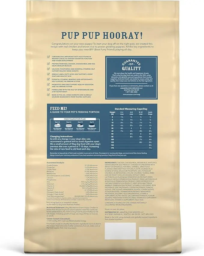 Amazon Brand - Wag Dog Dry Puppy Food, Chicken and Brown Rice, 15 Pound (Pack of 1) - PAWPICO