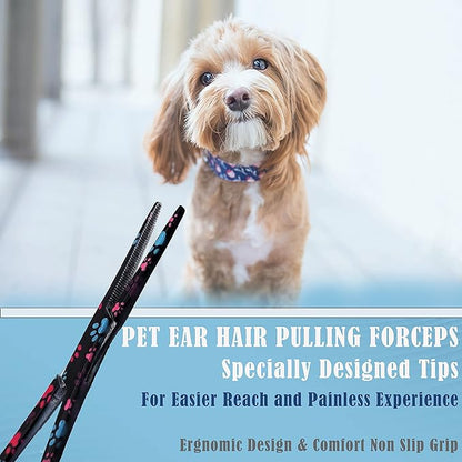 Dog Pet Ear/Nose Hair Puller Grooming Hemostat Locking Forceps Pliers, 5.5" (14cm), Straight (Black Multi Paws) A2Z+SCILAB