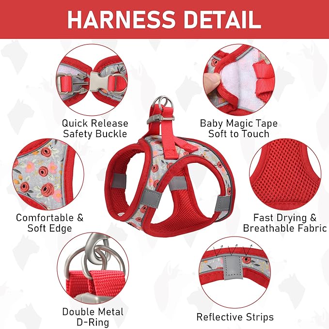 GAMUDA Small Dog Harness Collar and Leash Set, Step in No Chock No Pull Soft Mesh Adjustable Dog Vest Harnesses Plaid Reflective for Dogs Puppy Cats Kitten Rabbit (Red Flower, L) GAMUDACollarsCollection