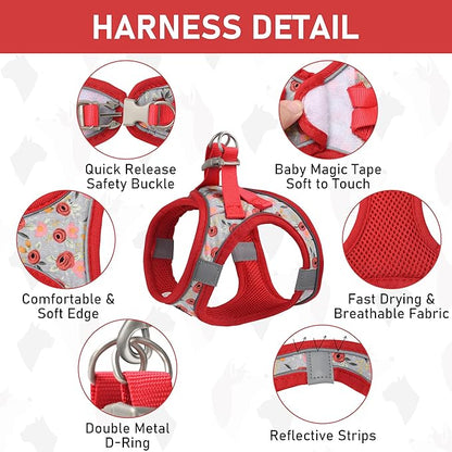 GAMUDA Small Dog Harness Collar and Leash Set, Step in No Chock No Pull Soft Mesh Adjustable Dog Vest Harnesses Plaid Reflective for Dogs Puppy Cats Kitten Rabbit (Red Flower, L) GAMUDACollarsCollection