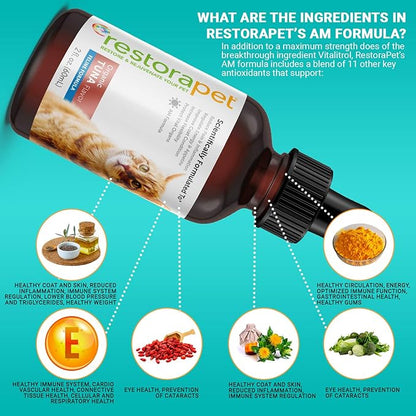 RestoraPet Organic Cat Supplement | Healthy & Safe Antioxidant Liquid Drops | Anti-Inflammatory Multi-Vitamin | Increases Mobility & Energy | Cat Joint Supplement | Tuna Flavored RestoraPet