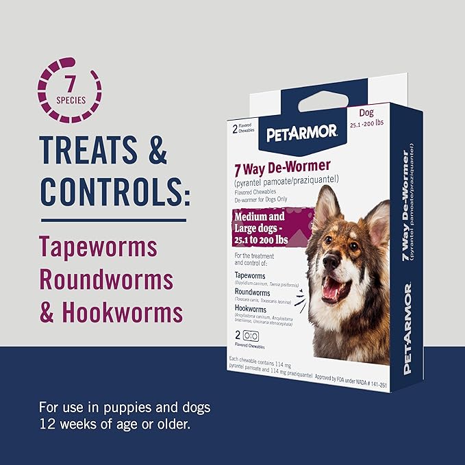 PetArmor 7 Way De-Wormer for Dogs, Oral Treatment for Tapeworm, Roundworm & Hookworm in Large Dogs & Puppies (Over 25 lbs), Worm Remover (Praziquantel & Pyrantel Pamoate), 2 Flavored Chewables PetArmor
