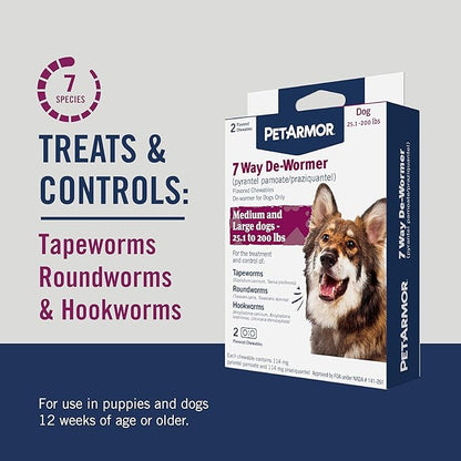 PetArmor 7 Way De-Wormer for Dogs, Oral Treatment for Tapeworm, Roundworm & Hookworm in Large Dogs & Puppies (Over 25 lbs), Worm Remover (Praziquantel & Pyrantel Pamoate), 2 Flavored Chewables PetArmor