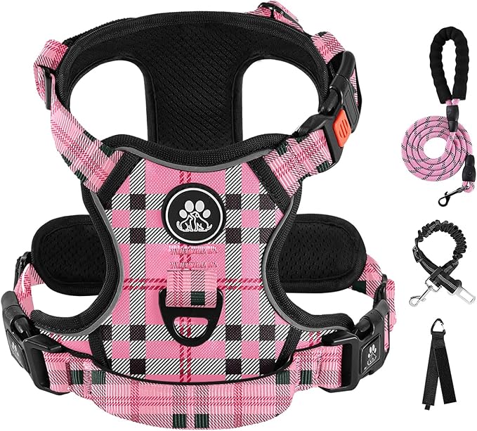IVY&LANE No Pull Dog Harness with Leash Set, Reflective No Choke Pet Vest,Adjustable Oxford Dog Vest Harness with Easy Control Handle for Medium Lagre Dogs (Checkered Pink,M) IVYLANE