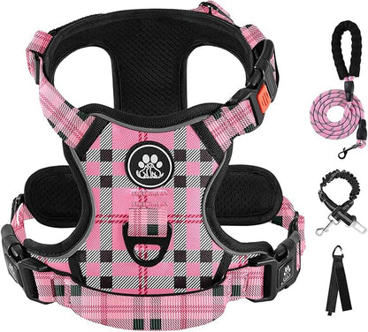 IVY&LANE No Pull Dog Harness with Leash Set, Reflective No Choke Pet Vest,Adjustable Oxford Dog Vest Harness with Easy Control Handle for Medium Lagre Dogs (Checkered Pink,M) IVYLANE