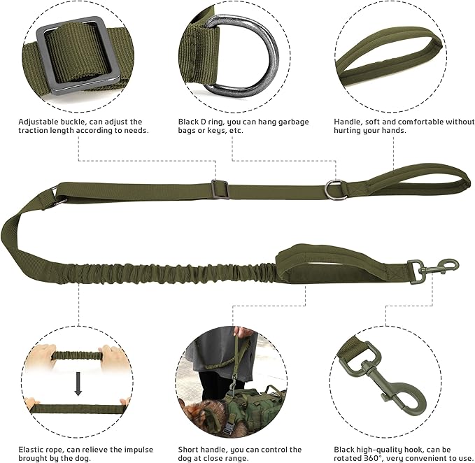 Forestpaw Tactical Dog Harness for Large Dogs,Tactical Dog Collar with Bungee Leash Set,No Pull Military Dog Harness for Dog Walking Training,Adjustable for Medium Large Dogs,Green L Forestpaw