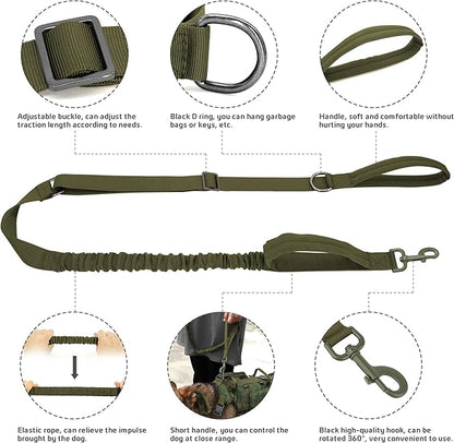 Forestpaw Tactical Dog Harness for Large Dogs,Tactical Dog Collar with Bungee Leash Set,No Pull Military Dog Harness for Dog Walking Training,Adjustable for Medium Large Dogs,Green M Forestpaw