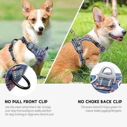 Timos Dog Harness, No Pull Dog Harness 3 Snap Buckles Adjustable Reflective No Choke Pet Vest for Small Dog with Soft Padded Control Training Handle for Outdoor Training,Flower Blue, XS Timos