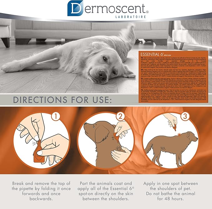 Dermoscent Essential 6 spot-on - Dog Skin Care for Dandruff & Allergy Relief with Vitamin E Oil - Anti Itch for Dogs - Natural Ingredients for Sensitive Skin - Dogs 20-40 kg - 4 Pipettes of 2.4 ml Dermoscent
