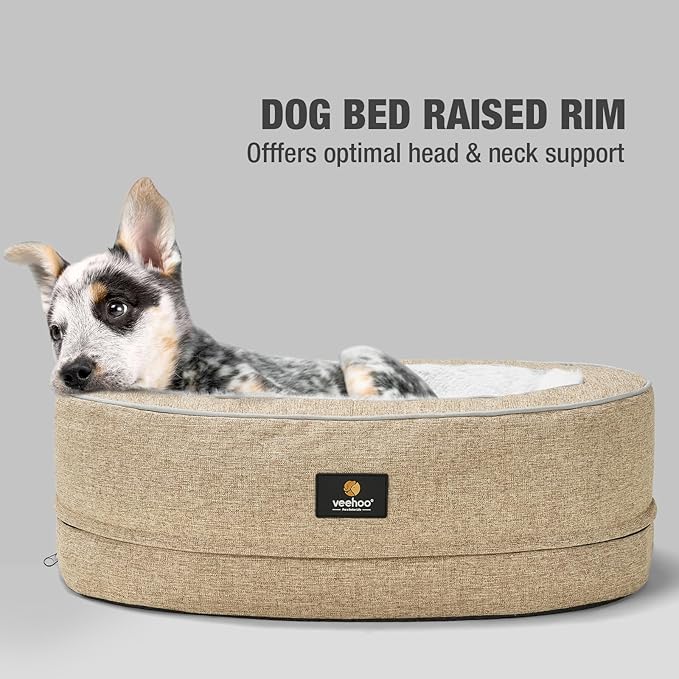 Veehoo Cat Bed for Kitten, Anti-Anxiety Donut Pet Bed with Removable Washable Cover, Indoor Oval Orthopedic Cat Bed with Egg Crate Foam Support & Non-Slip Bottom 19.7" x 15" Beige Coffee - PAWPICO