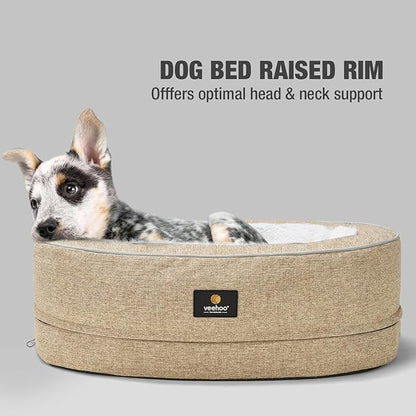 Veehoo Cat Bed for Kitten, Anti-Anxiety Donut Pet Bed with Removable Washable Cover, Indoor Oval Orthopedic Cat Bed with Egg Crate Foam Support & Non-Slip Bottom 19.7" x 15" Beige Coffee - PAWPICO