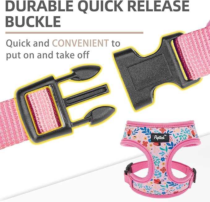 PUPTECK Soft Mesh Dog Harness and Leash Set Pet Puppy Cat Comfort Padded Vest No Pull Harnesses, Pink Floral, S PUPTECK