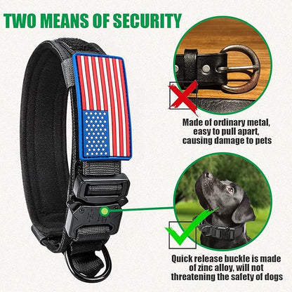 Tactical Dog Collar Military Dog Collar Adjustable Nylon Dog Collar Heavy Duty Metal Buckle with Handle for Dog Training,with Patches (M, Black) Celifelight