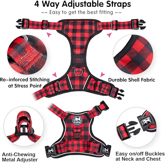 PoyPet No Pull Dog Harness, [Release at Neck] Reflective Adjustable No Choke Pet Vest with Front & Back 2 Leash Attachments, Soft Control Training Handle, Plaid(Checkered Red, M) PoyPet