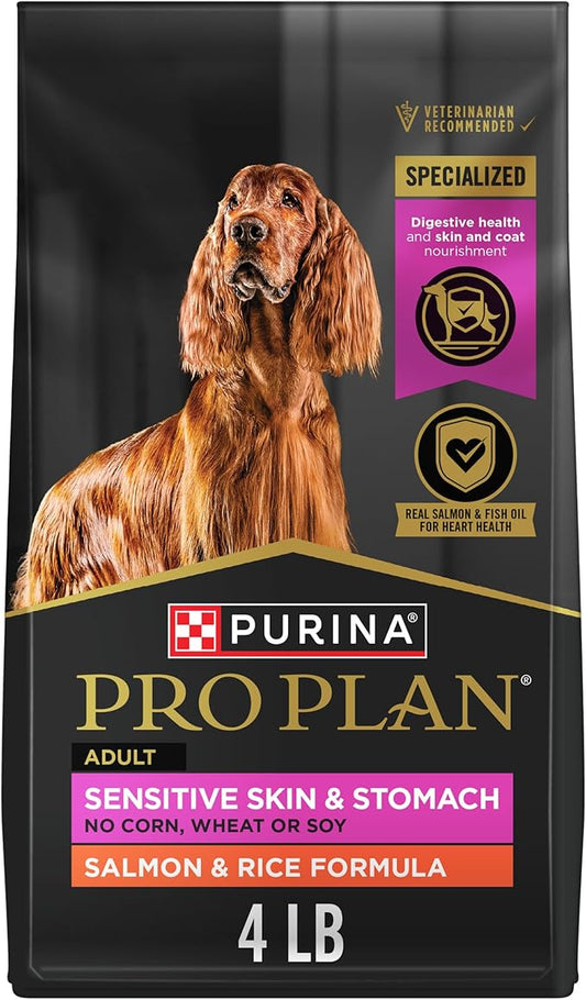 Purina Pro Plan Sensitive Skin and Stomach Dog Food Dry, Adult Salmon & Rice Formula, Digestive Health - 4 lb. Bag - PAWPICO