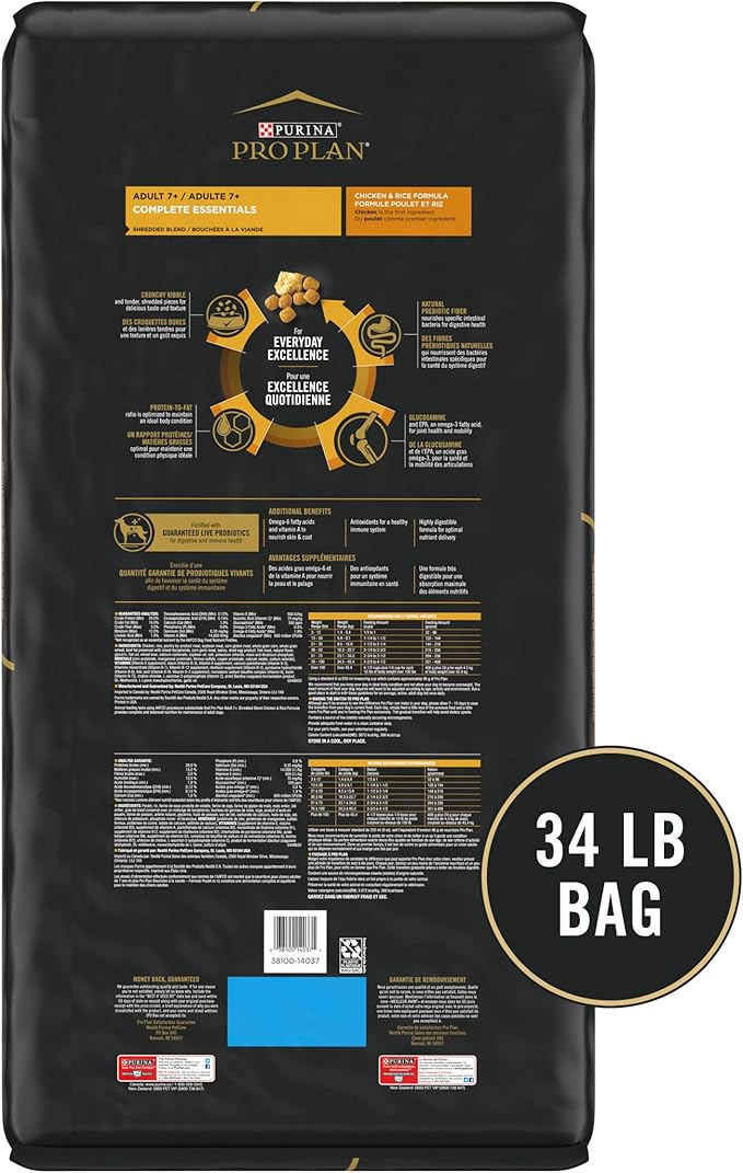 Purina Pro Plan Senior Dog Food With Probiotics for Dogs, Shredded Blend Chicken & Rice Formula - 34 lb. Bag - PAWPICO