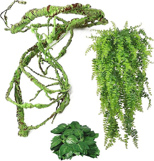 kathson 3 PCS Reptile Vines Plants Flexible Bendable Jungle Climbing Vine Terrarium Plastic Plant Leaves Pet Tank Habitat Decor for Bearded Dragons Lizards Geckos Snakes Frogs and More Reptiles kathson