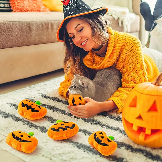 MALLMALL6 Catnip Toys for Cat - 5Pcs Halloween Pumpkin Jack O Lantern Catmint Interactive Cat Toy for Indoor Cats, Soft Plush Orange Cat Supplies, Kitten Teething Chew Toy Set, Pet Gifts for Cat Lover - PAWPICO