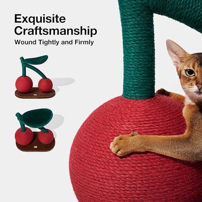 VETRESKA Cat Scratching Post, Large Cherry Cat Scratcher with Hammock, Tall Cat Scratch Interactive Toy with Natural Sisal Rope for Indoor Cats, Kittens - PAWPICO